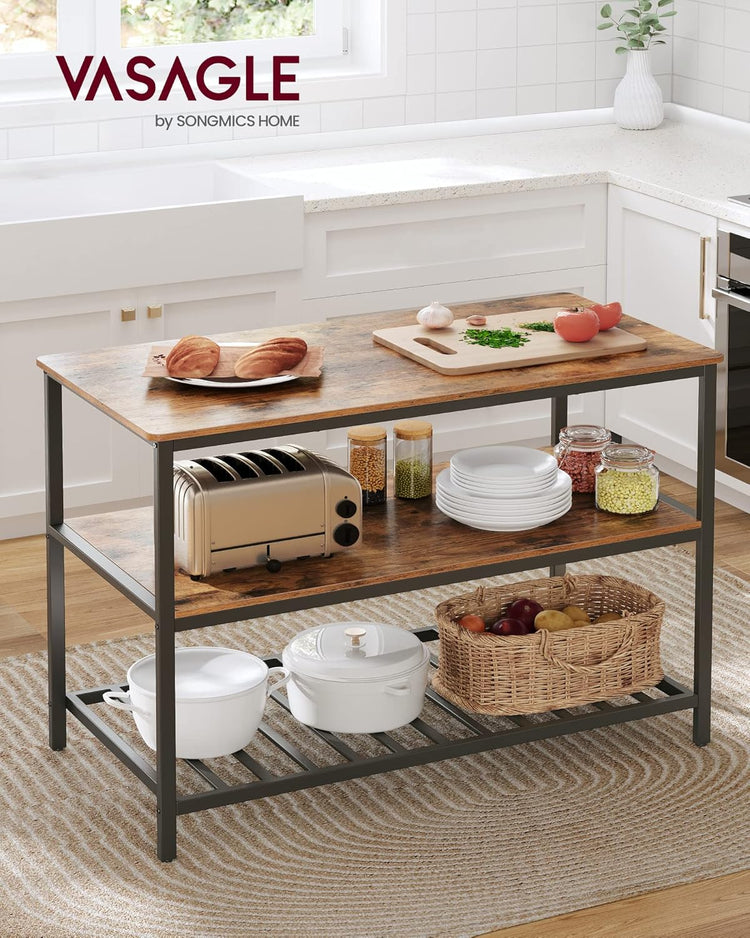 VASAGLE Kitchen Island with 3 Shelves, 47.2 Inches Width Kitchen Shelf with Large Worktop, Stable Steel Structure, Industrial, Easy to Assemble, Rustic Brown and Black UKKI01BX