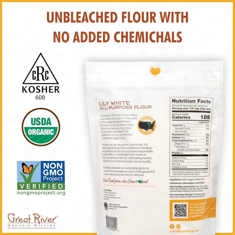 Great River Organic Milling Lily White Organic All-Purpose Flour | Unbleached & Unbromated | Non-GMO, Kosher | Ideal for Bread, Cookies, Cakes, Pizza Dough & Everyday Baking | 2 Lb (Pack of 4) - Nestoria