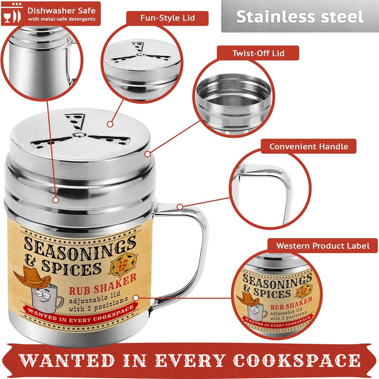 CUSINIUM [Pack of 4] 10 oz Seasonings Spice Shakers - BBQ Dry Rub Shakers - Cooking Dredge with Adjustable Fan-Style Lid and Handles