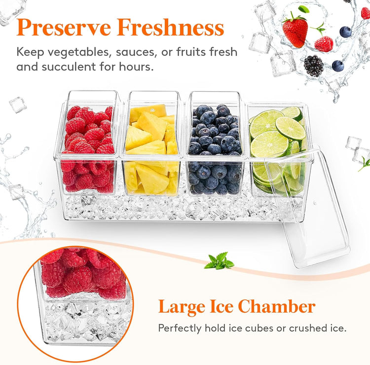 Lifewit Taco Bar Serving Set for Party with 4 Containers(2.5 Cup) & Components, Large Ice Chilled Condiment Caddy Organizer, Garnish Serving Tray Platter for Mimosa Bar Accessories, Fruit, Salad, Food