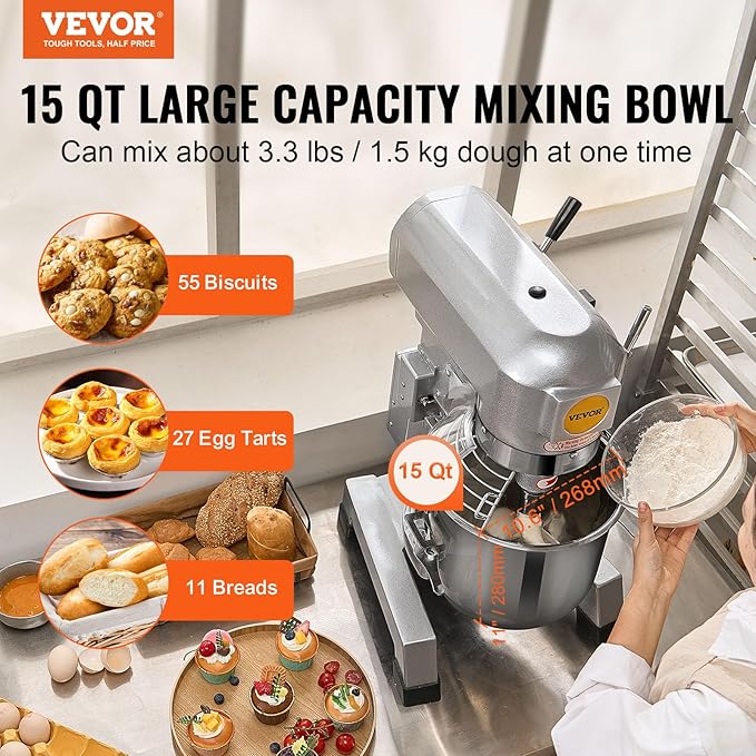 VEVOR Commercial Food Mixer 15Qt, Commercial Mixer with 3 Adjustable Speeds, 550W Dough Mixer,Commercial Stand Mixer with Stainless Steel Bowl