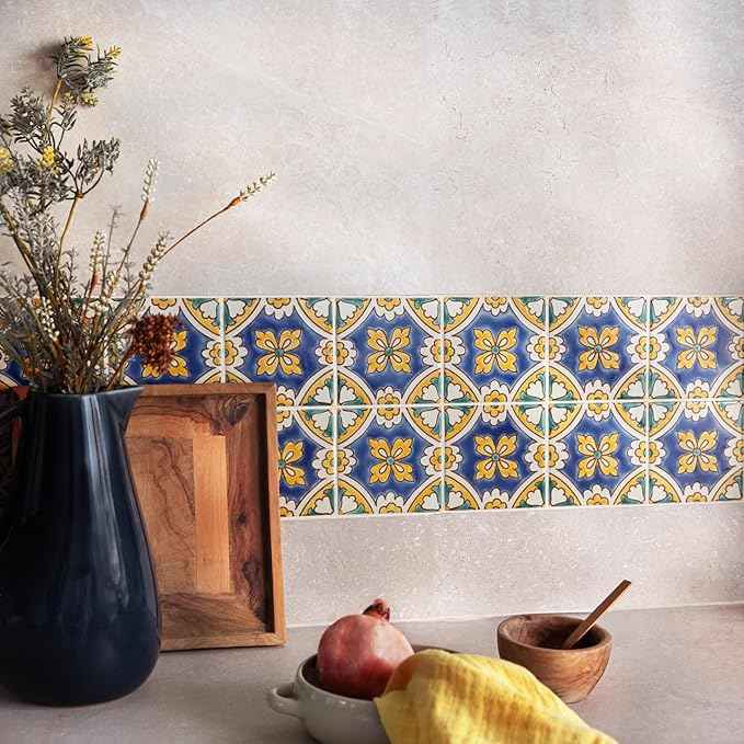 DYARI Set of 9 Decorative Ceramic Tiles – Hand Painted Indoor & Outdoor – Artisan Top Kitchen – Mediterranean Decorative 4x4 / One Tile Durable Colorful (Mediterranean, 45 Tiles (5 Sq Ft))