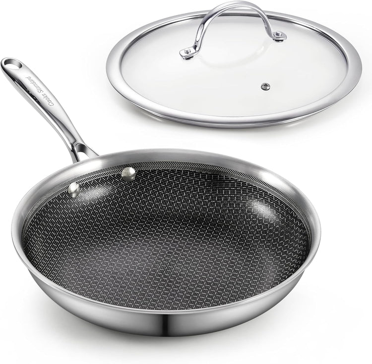 Cooks Standard Hybrid Nonstick Frying Pan, 10-Inch Skillet, Multi-Ply Clad Stainless Steel Fry Pan with Tempered Glass Lids, Oven Safe, Compatible with All Stovetops