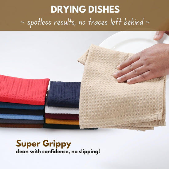 Native Fab Cotton Kitchen Towel with Hanging Loop 16x26 inches, 4-Pack, Waffle Weave Kitchen Towels for Cleaning Drying, Washcloths Soft & Absorbent Cloth Rags, Bar Towel, Dish Cloth, Beige - Nestoria