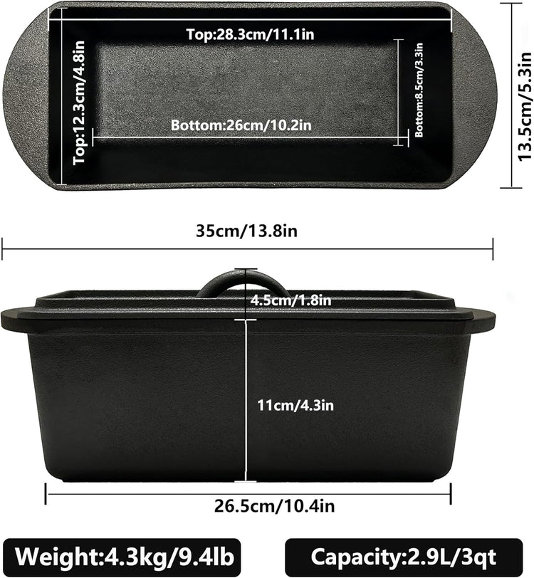 Cast Iron Bread Loaf Pan with Lid - 11x5 Inch Heavy Duty Dutch Oven for Sourdough Baking & Artisan Bread Pre-Seasoned Sandwich, 3 Quart Nonstick Loaf Pan for Home Kitchen Restaurant