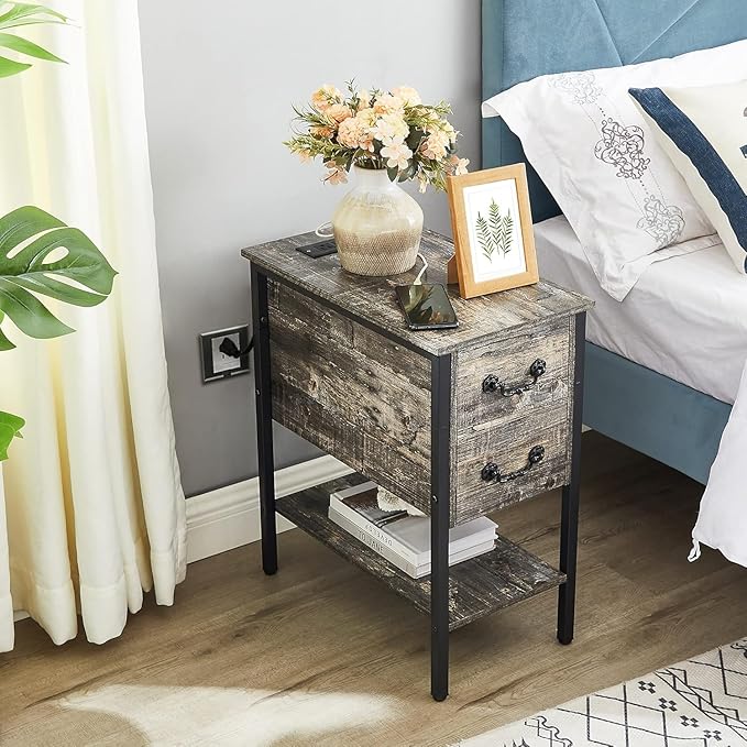 VECELO End Tables,Narrow Nightstands with Charging Station & USB Ports &Drawers,Night Stand for Living Room, Bedroom,Dust Grey