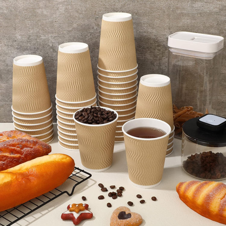 Foaincore 250 Pack 12 oz Paper Cups Bulk Disposable Ripple Insulated Ripple Wall Paper Coffee Kraft Hot Beverage Coffee Cups for Hot Beverage Cold Drinks Party