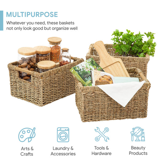 Natural Seagrass Basket with Wooden Handle (3 Count)