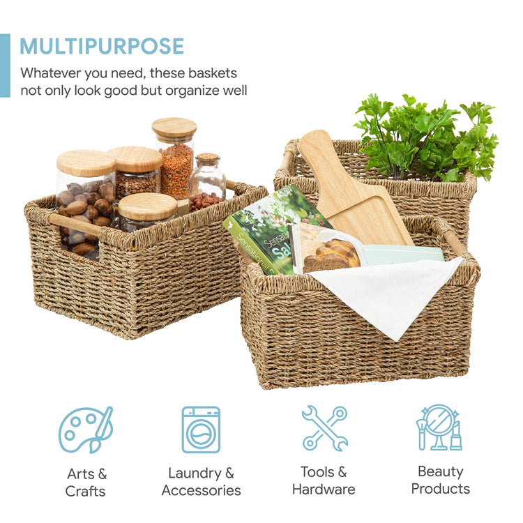 Natural Seagrass Basket with Wooden Handle (3 Count)