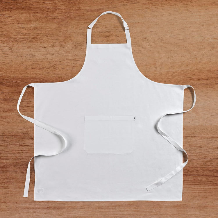 Solino Home 100% Pure Linen Apron for Women & Men - White Stripe Full Midi Bib Apron, Adjustable Neck Strap with Center Pockets for Kitchen, Chef - Handcrafted from European Flax