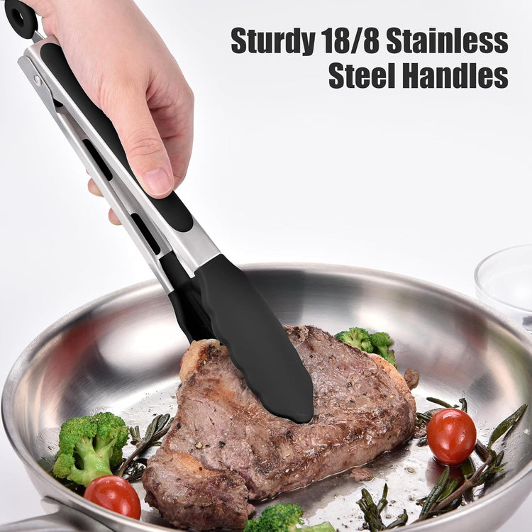 Doosu Kitchen Tongs for Cooking - 600°F Heat Resistant Food Tong with Non-Scratch Silicone Tips, Heavy Duty Stainless Steel Locking Tong for BBQ, Grilling Steak, Serving Salad, Pasta (9in, Black)