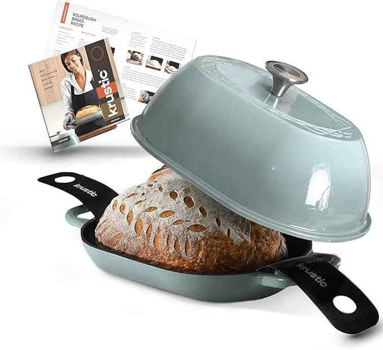 Enameled Cast Iron Dutch Oven for Professional Sourdough Bread Baking | 5.5 Quart Loaf Size Oval Cookware Pot with Lid | Triple-Layer Enamel Coating Pan with Non Stick Silicone Mat | Sea Salt