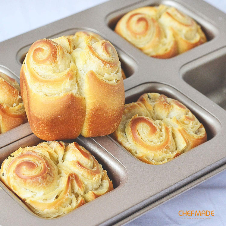 CHEFMADE Brownie Cake Pan, 6-Cavity Non-Stick Square Muffin Pan Blondie Bakeware for Oven Baking (Champagne Gold)