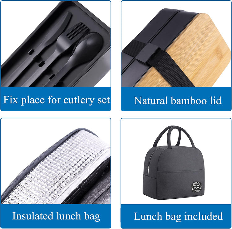 Japanese Bamboo Bento Box with Compartments and Utensils Stackable Lunch Box Includes Lunch Bag for Meal Prep Black