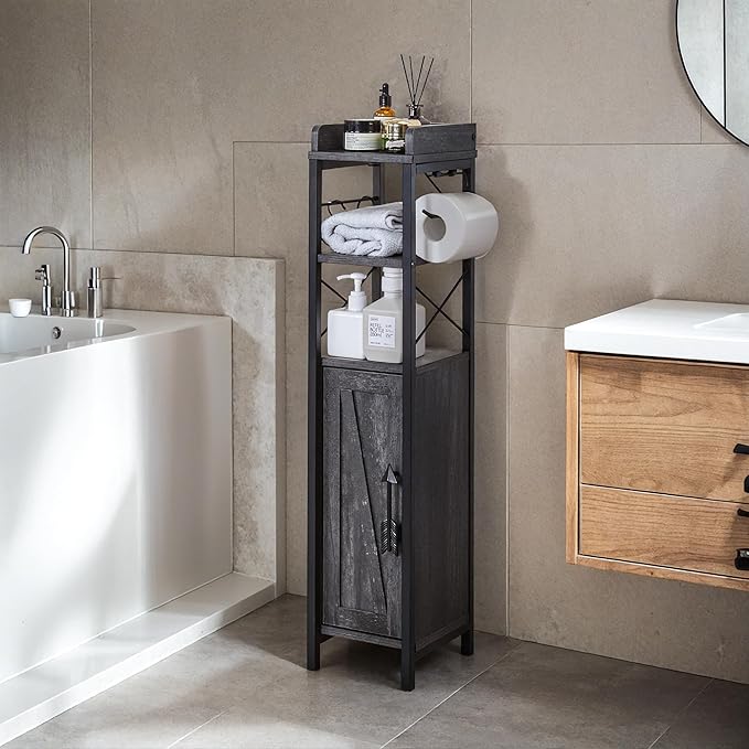 VECELO Small Bathroom Cabinet,Slim Toilet Paper Holders with Magnetic Door&2 Shelves, Narrow Storage Cabinet Organizer for Bathroom Restroom Tiny Space,Fenced Top Farmhouse Style,Coal Grey