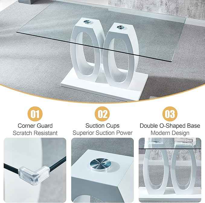 63" Glass Dining Table Set for 6, 7-Piece Rectangular Kitchen Table with Tempered Glass Top, White Double O-Shaped MDF Base, and 6 White Velvet Upholstered Chairs for Dining Room, Living Room, Office