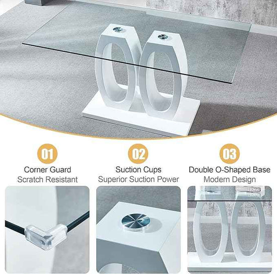 63" Glass Dining Table Set for 6, 7-Piece Rectangular Kitchen Table with Tempered Glass Top, White Double O-Shaped MDF Base, and 6 Black Velvet Upholstered Chairs for Dining Room, Living Room, Office