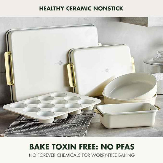 GreenPan Bakeware Set, 7 Piece Nonstick Ceramic Gold Handle Baking Sheets, Cake Pans, Loaf Pan, Muffin Tin, Cooling Rack, PFAS & BPA Free, Freezer to Oven Dish, Bake & Roast Ovenware, Cream