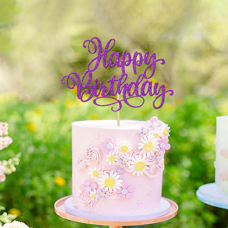 1 PCS Happy Birthday Cake Topper Glitter Happy Birthday Cake Pick for Celebrating Happy Birthday Anniversary Party Cake Decorations Supplies Purple
