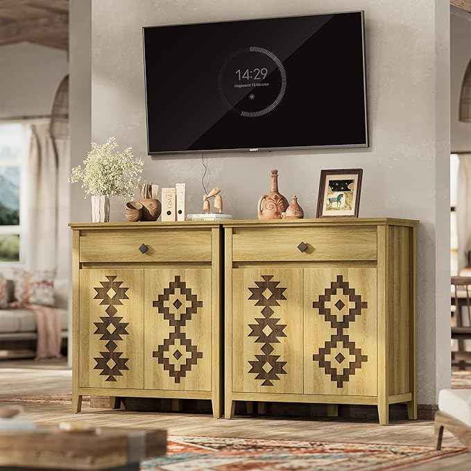 32'' Buffet Cabinet with Storage, Sideboard Cabinet with Drawer and Adjustable Shelf, Modern Accent Storage for Kitchen, Living Room, Entryway, Natural