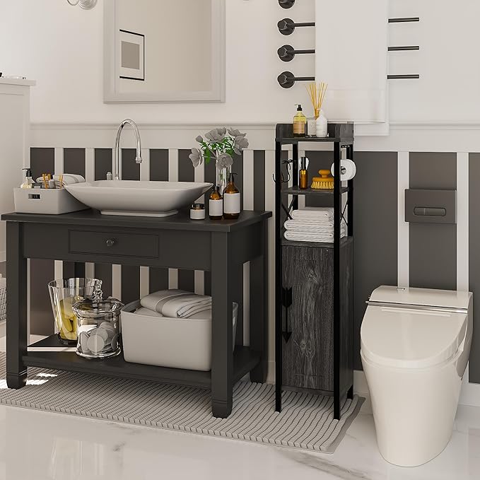 VECELO Small Bathroom Cabinet, Slim Toilet Paper Holder with Magnetic Door&2 Shelves, Narrow Storage Organizer for Bathroom Restroom Tiny Space, Fenced Top Waterproof Board, Coal Grey