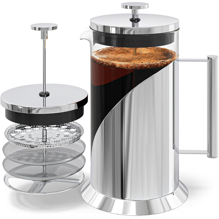 Cafe Du Chateau Stainless Steel French Press Coffee Maker - 34oz Insulated Coffee Press with 4-Level Filtration, BPA Free, Durable Glass, Great for Tea