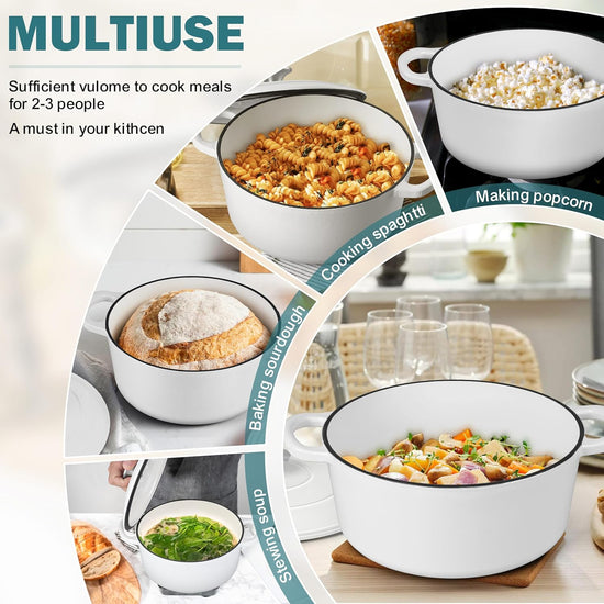 Small 3 Quart Dutch Oven, HaSteeL Round Cast Iron Cooking Pot with Lid, Nonstick Enameled Cookware for Sourdough Bread Baking Roasting Stewing Braising Frying, Heavy Duty & Oven Safe 500℉, White - Nestoria
