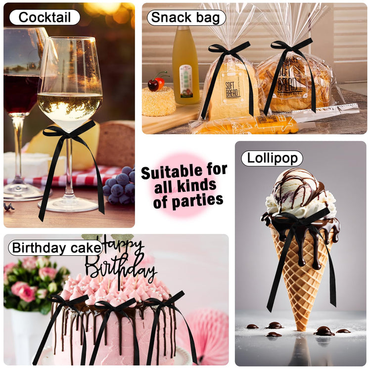 Black Bow Cake Topper Bowknot Ribbons Cupcake Toppers Bow Cake Decorations (7 Count)