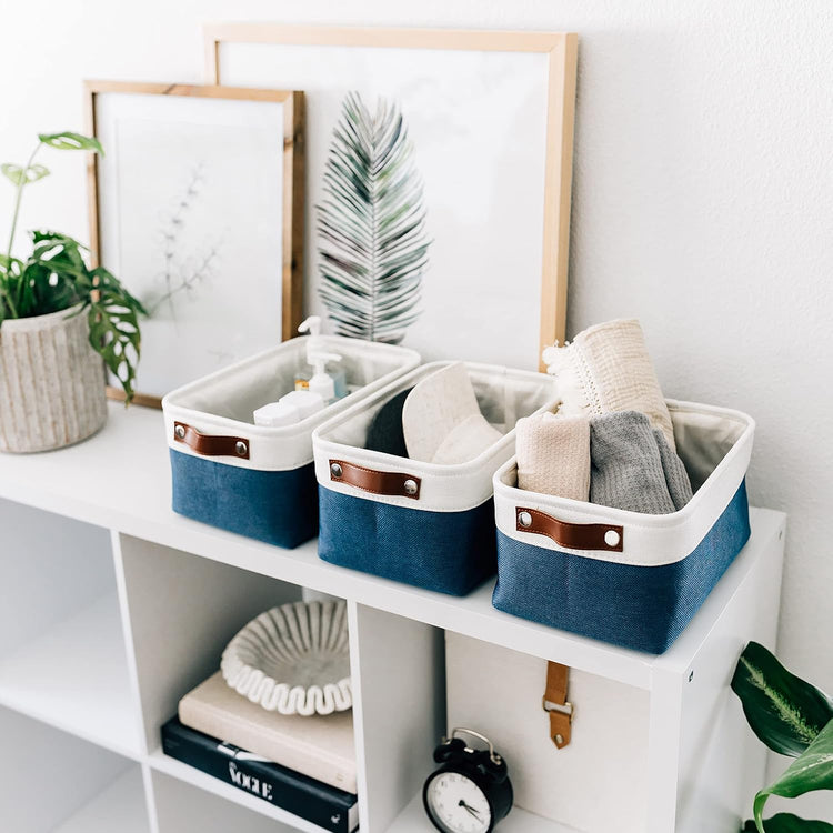OrganiHaus Small Fabric Storage Baskets for Shelves 6 Pack, 12x8in Closet Storage Bins for Shelves, Cloth Baskets for Organizing, Linen Closet Organizers, Fabric Basket, Navy Blue/White
