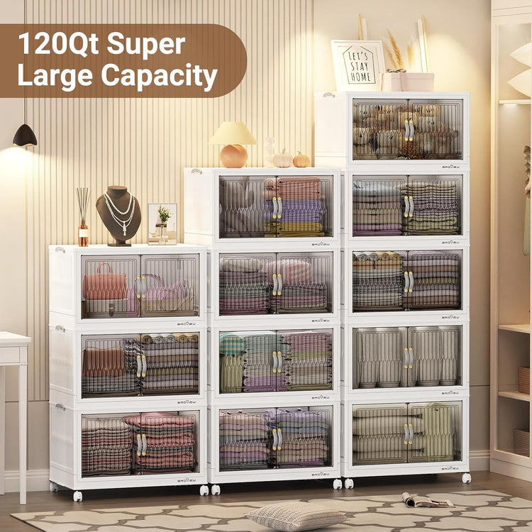 360Qt Stackable Storage Bins with Lid, Extra Large Closet Organizer Collapsible Drawer Boxes with Wheels, Folding Plastic Cabinet Containers for Home Kitchen Room Organization, 3Pack White