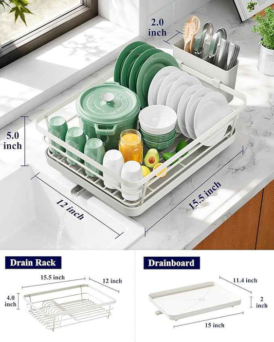 Kitsure Dish Drying Rack for Kitchen Counter, Stainless Steel Sink Organization and Storage Essentials with Cutlery Holder, Home and Appartment Decor, 12''W x 15.5''L, Light Grey