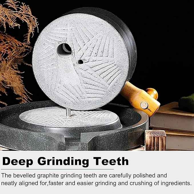 Handmade Stone Mill Grinder 22cm/8.7in with Wooden Base - Easy to Clean, Perfect for Grinding Wheat, Rice, Almonds - tial Classic Kitchen Tool