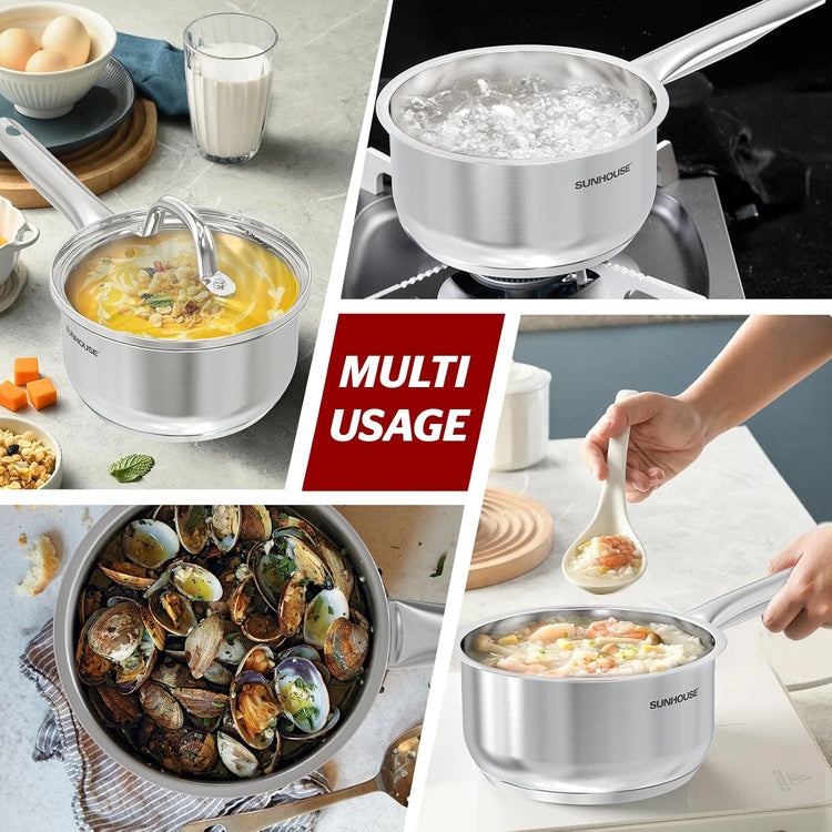 SUNHOUSE – 2 Quarts Stainless Steel Sauce Pan with Lid - PFOA-FREE, Stainless Steel Sauce Pan, Advanced Impact Bonding Induction Base, Stay-Cool Handle, Compatible with All Cooktops