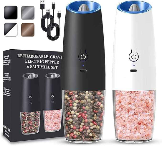 Rechargeable Electric Salt and Pepper Grinder set of 2, gravity electric salt and pepper grinder set, Adjustable Roughness, LED Light, 2 Pack, (Black&White)