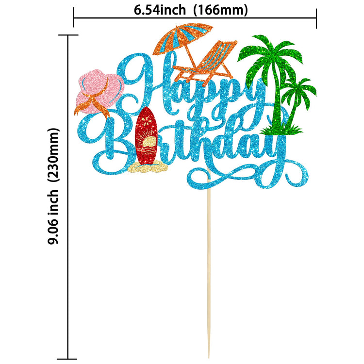 1Pcs Summer Beach Happy Birthday Cake Topper Glitter Ball Tree Umbrella Pool Cake Pick for Hawaiian Holiday Baby Shower Birthday Party Cake Decorations Supplies Blue