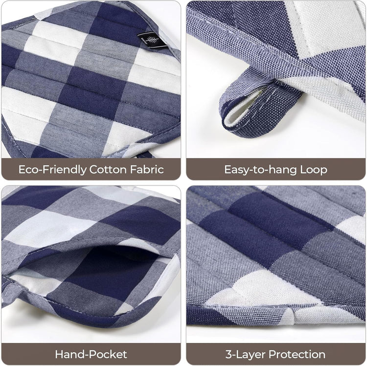 Cotton Pot Holders for Kitchen Heat Resistant Potholder, Hot Pads, Trivet Coaster Non-Slip Potholders Set for Cooking and Baking (2, Blue Plaid, Square，8.27 in²)