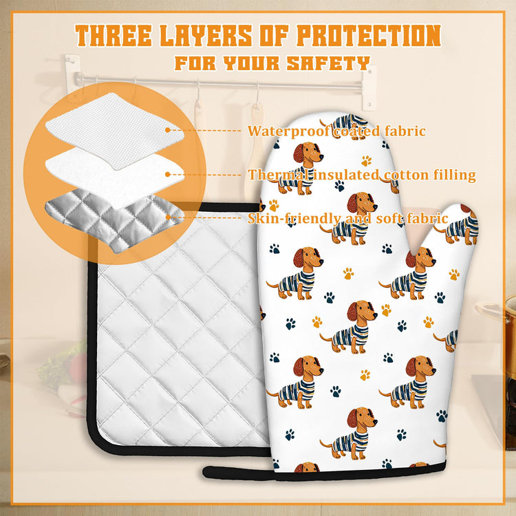 Cute Dachshund Dog Oven Mitts and Pot Holders (4 Count)