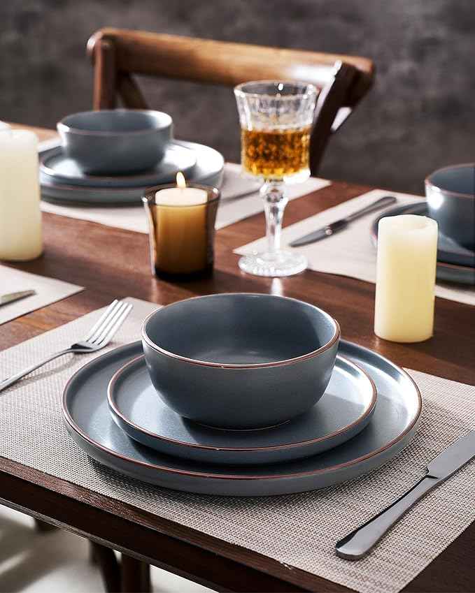 Famiware Mercury Plates and Bowls Sets, 18 Pieces Stoneware Dinnerware Sets, Dishes Set for 6, Microwave and Dishwasher Safe, Charcoal