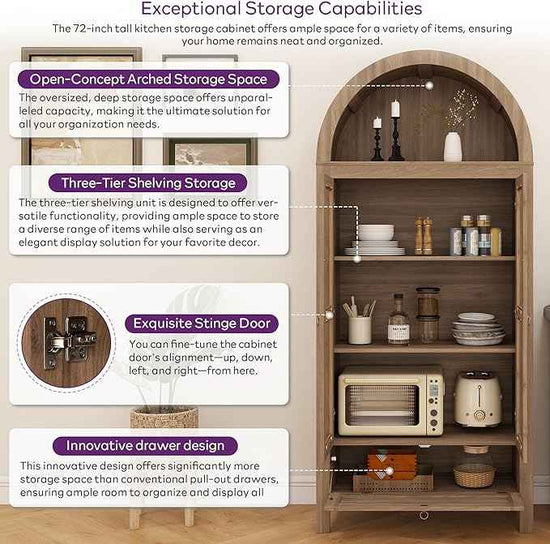 TYBOATLE 71" Tall Arched Pantry Cabinet with Innovative Drawer, Kitchen Cabinet with Anti-Tipping Device and Glass Door, Versatile Cupboard for Kitchen, Dining, Natrual