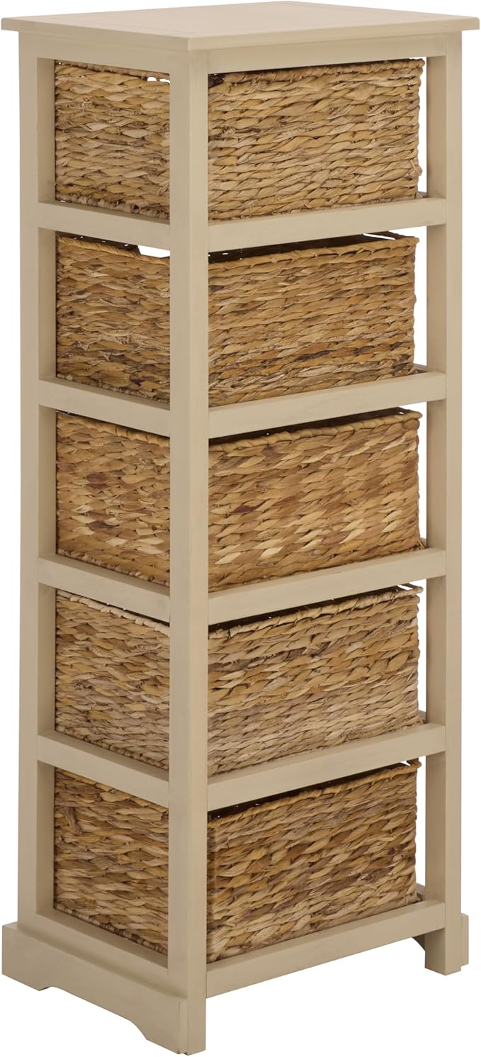 SAFAVIEH Home Collection – Vedette Sand 5-Basket Storage Tower, Natural Rattan Accent Design, Fully Assembled (AMH5739G)