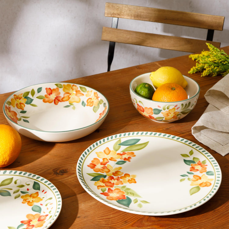 Cassia Bud 16 Piece Double Bowl Hand Painted Stoneware Plates and Bowls Floral Dinnerware Set