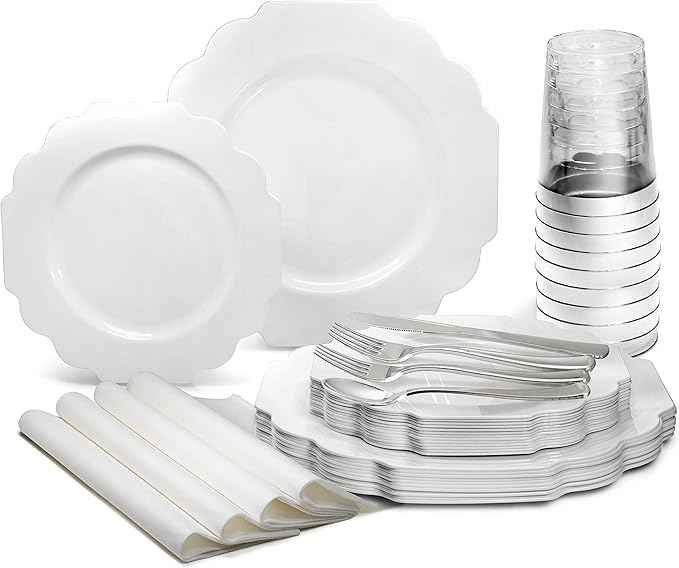 " OCCASIONS " 960 Piece set (120 Guests)-Heavyweight Wedding Party Disposable Plastic Plate Set - 120 x 10.5'' + 120 x 8'' + Silverware + 12oz Cups + Napkins (Imperial in White)