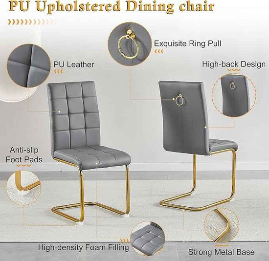 AF ARTISAN FURNITURE 53'' Glass Dining Table Set for 4, Kitchen Table Chairs Set of 4, Clear Gold Glass Dining Tables with Stainless Steel Legs, 4 Grey PU Dining Chairs, Living Room, Kitchen