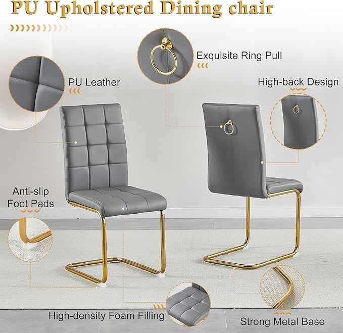 AF ARTISAN FURNITURE 5 Piece Square Glass Dining Table Set, Gold Glass Kitchen Table Set for 4 Modern Table Set with 4 Grey PU Upholstered Dining Chairs, for Small Space, Breakfast Nook