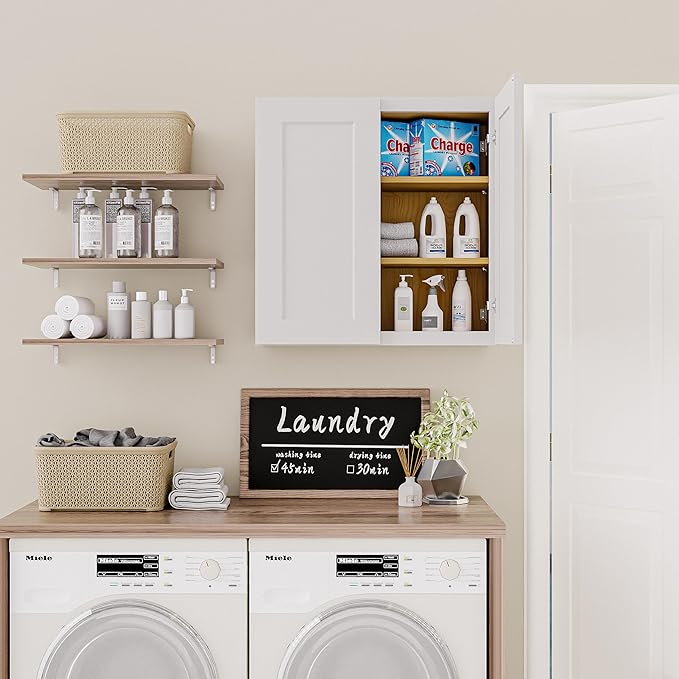 30 Inch Laundry Room Cabinets Wall Mounted, Solid Wood Over The Toilet Storage Organizer, White Shaker RTA Kitchen Wall Cabinet with 2 Shaker Door & Shelves, Large Space for Bathroom, Garage