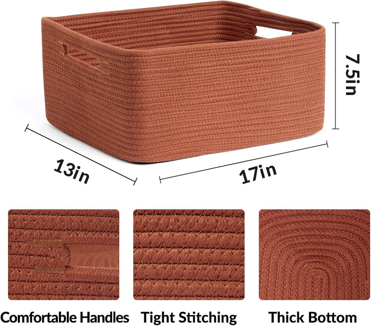 Large Storage Baskets for Shelves, Closet Organizers Bins for Clothes Blanket Towels, Baby Nursery, Toy Baskets Box, Woven Rope Baskets, 17 x 13 x 7.5”, 3 Packs Oxide Red