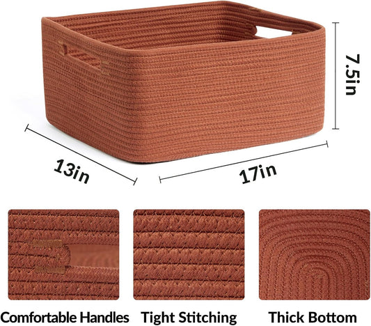 Large Storage Baskets for Shelves, Closet Organizers Bins for Clothes Blanket Towels, Baby Nursery, Toy Baskets Box, Woven Rope Baskets, 17 x 13 x 7.5”, 2 Packs Oxide Red