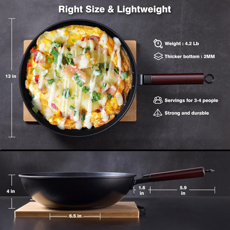 Carbon Steel Wok -13 Inch Woks & Stir-fry Pans Nonstick, Wok Pan with Lid Spatula and Dish Brush: Pre-Seasoned Flat Bottom Chinese Woks for Induction, Electric, Gas, All Stoves