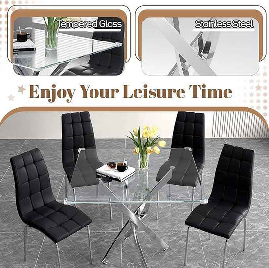 5 Piece Square Glass Dining Table Set, Round Tempered Glass Kitchen Table for 4, Modern Table with 4 High-Back Upholstered Chairs for Kitchen Dining Room (Silver Legs, 4 Black Chairs)