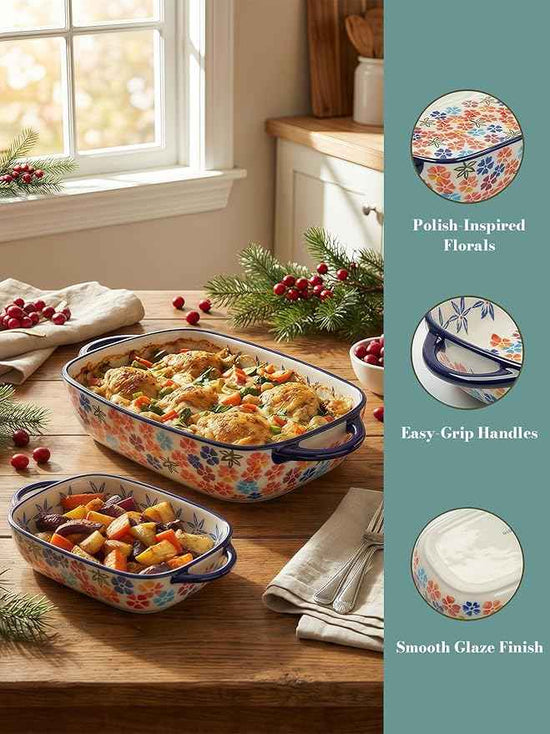 Polish Pottery Style Ceramic Baking Dish Set, 2-Piece Casserole Bakers for 2–3 People, Floral Decorative Bakeware, Oven Safe Lasagna Pan, Microwave Dishwasher Safe, Gift-Ready, Protective Packaging